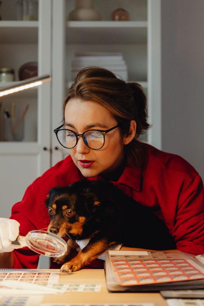 Caucasian woman with dog using a magnifying glass to study stamps indoors.